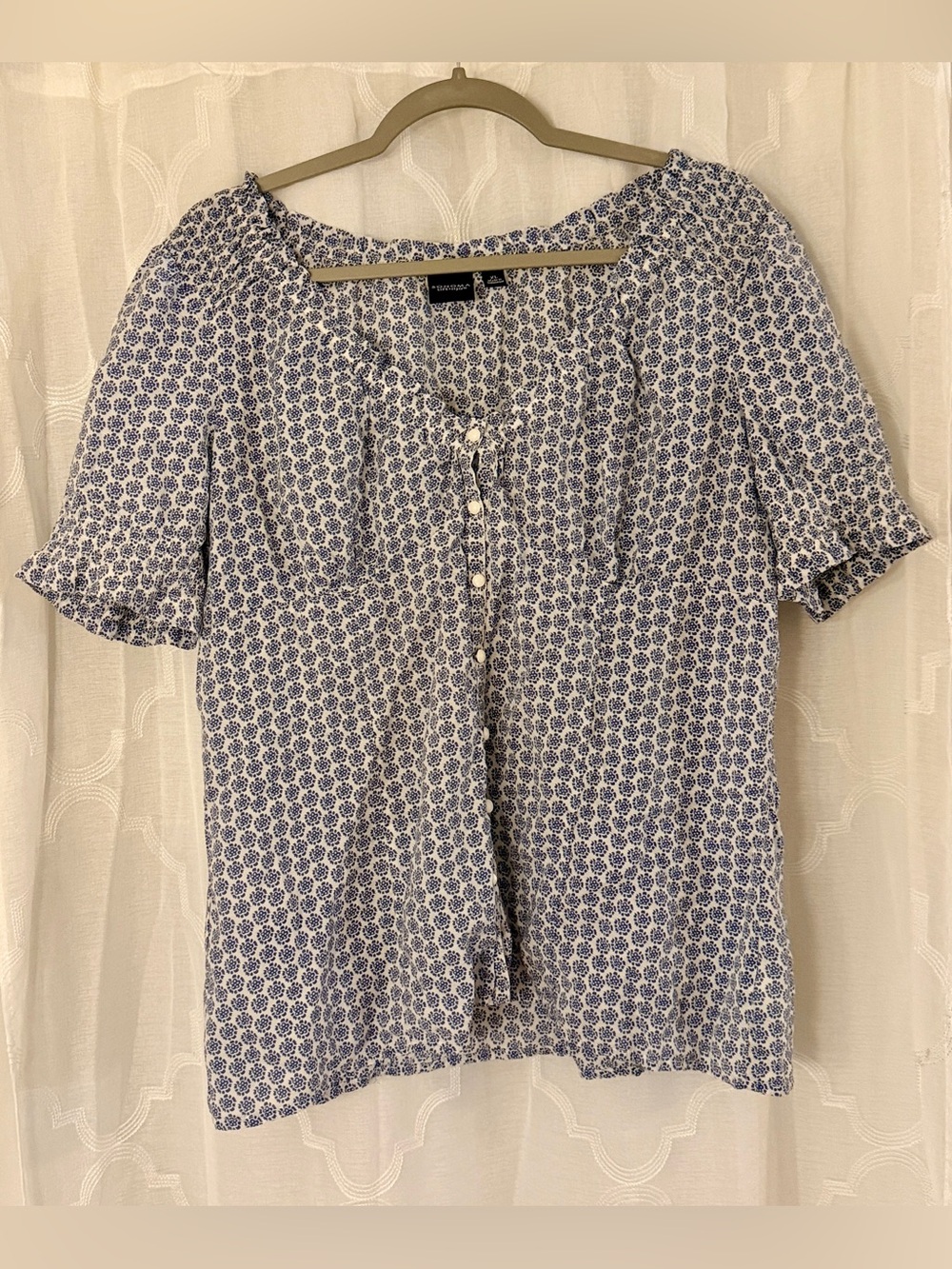 Sonoma XL Blue White Floral Print Button Front Short Sleeve Top Peasant Blouse